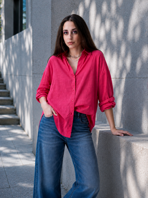 Thrust Relax Fit Street Vibe Cotton Pink Long Sleeve Women Casual Shirt
