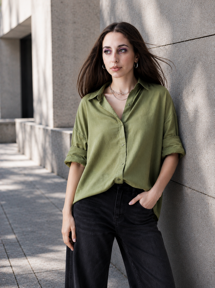Thrust Relax Fit Street Vibe Cotton Olive Long Sleeve Women Casual Shirt