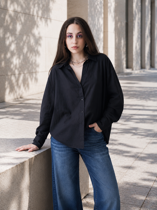 Thrust Relax Fit Street Vibe Cotton Black Long Sleeve Women Casual Shirt