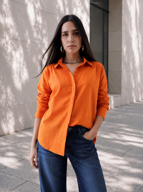 Women Oversize Orange Cotton Casual shirt