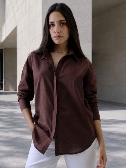 Women Oversize Choco Brown Cotton Casual shirt