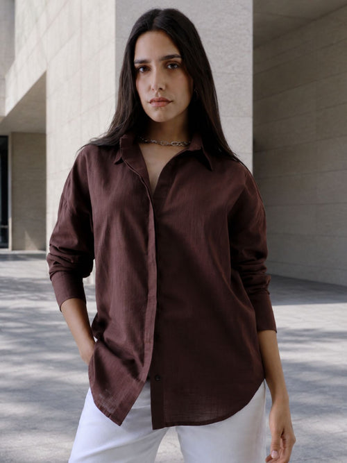 Women Oversize Choco Brown Cotton Casual shirt