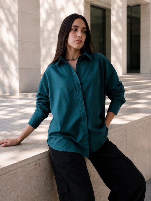 Women Oversize Teal Green Cotton Casual shirt