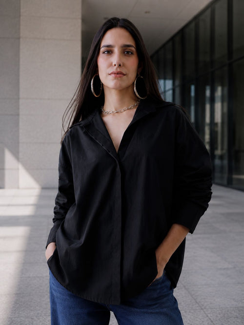 Women Oversize Solid Black Cotton Casual shirt