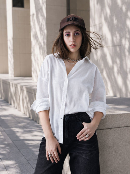 Thrust Relax Fit Street Vibe Cotton White Long Sleeve Women Casual Shirt