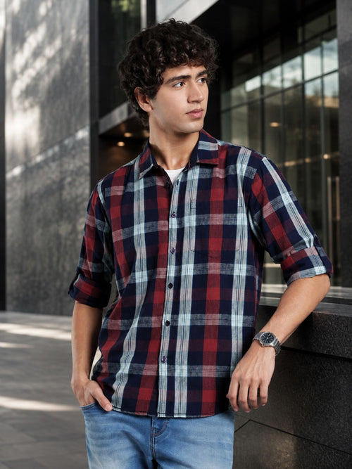 Men Relax fit Maroon Navy Courdroy Checked Casual Shirt