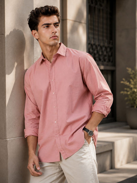 Men Relax fit Retro Coral Pink Solid Peach Cotton Casual Shirt