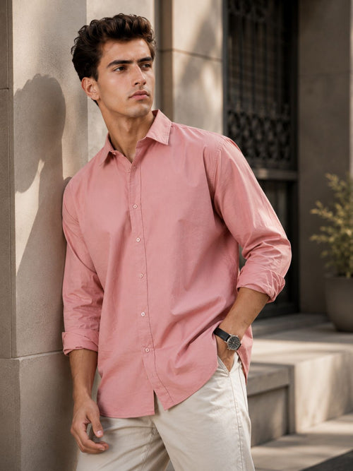 Men Relax fit Retro Coral Pink Solid Peach Cotton Casual Shirt
