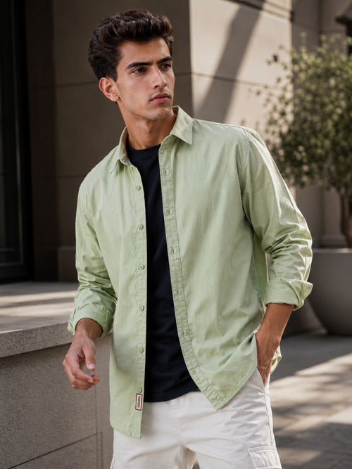Men Relax fit Pista Green Solid Peach Cotton Casual Shirt
