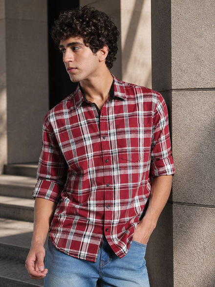 Men Relax fit Maroon Checked Campus Casual Shirt