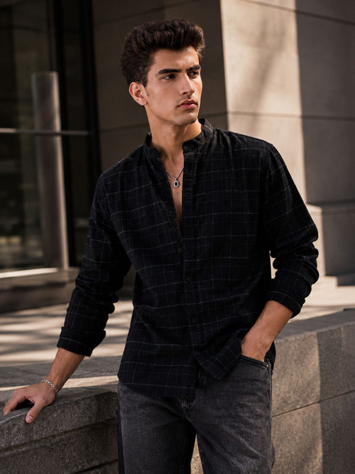 Men Relax fit Black Checked Structured Mandarin Collar Casual Shirt