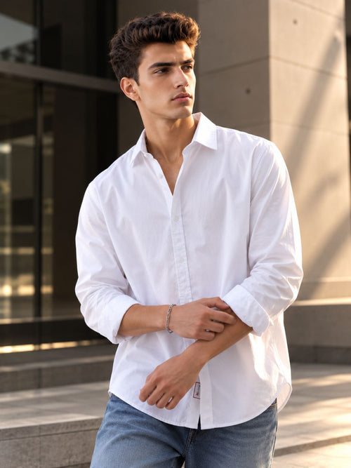Men Relax fit White Solid Peach Cotton Casual Shirt