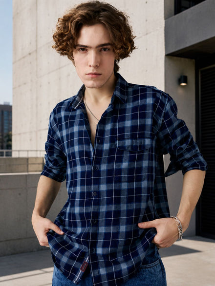 Men Premium Realxed Fit Cool Denim Look Cotton Navy Light Blue Checked Casual Shirt