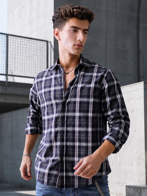Men Relaxed Fit Navy Light Grey Small Checked Cotton Casual Shirt