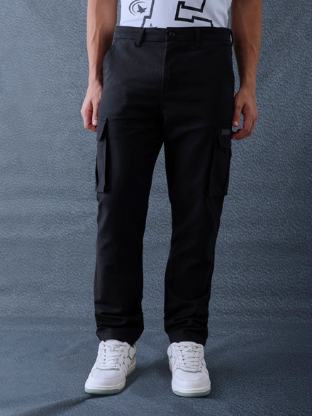 Men Straight Fit Black Cotton Stretch Relax Cargo Pant