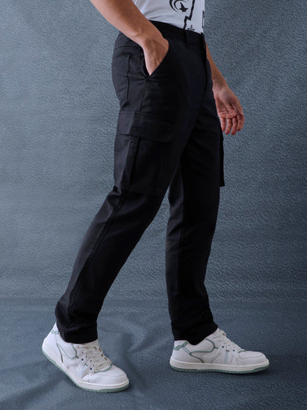 Men Straight Fit Black Cotton Stretch Relax Cargo Pant