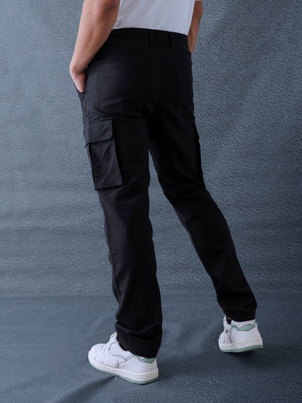 Men Straight Fit Black Cotton Stretch Relax Cargo Pant