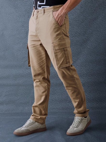 Men Straight Fit Khaki Cotton Stretch Relax Cargo Pant