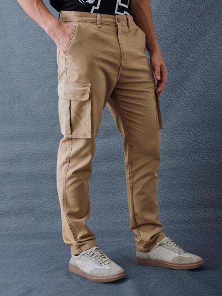 Men Straight Fit Khaki Cotton Stretch Relax Cargo Pant