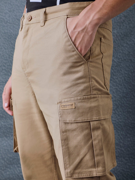 Men Straight Fit Khaki Cotton Stretch Relax Cargo Pant