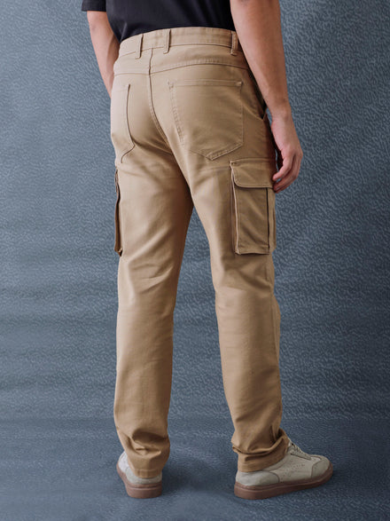 Men Straight Fit Khaki Cotton Stretch Relax Cargo Pant