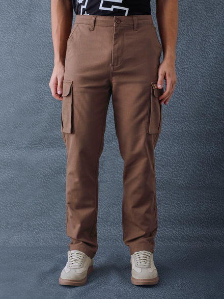 Men Straight Fit Brown Cotton Stretch Relax Cargo Pant