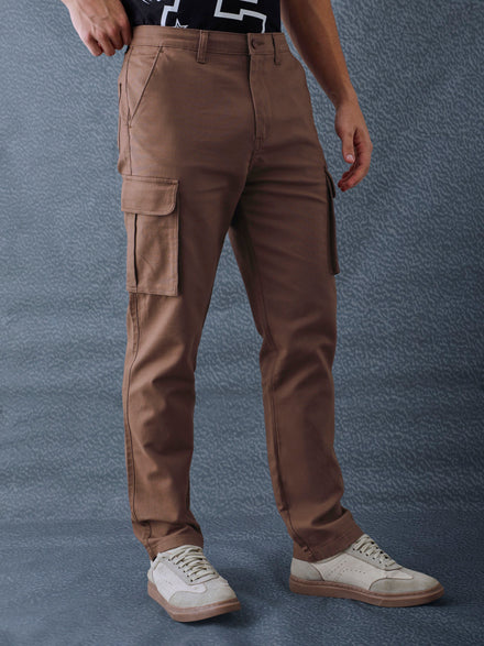 Men Straight Fit Brown Cotton Stretch Relax Cargo Pant