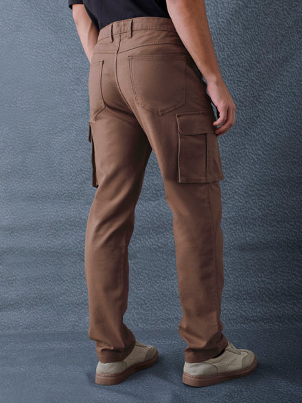Men Straight Fit Brown Cotton Stretch Relax Cargo Pant