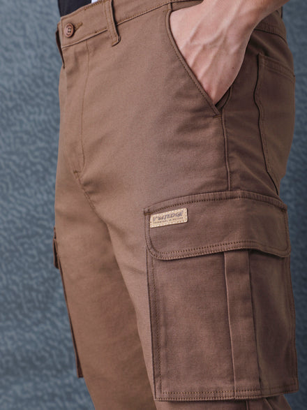 Men Straight Fit Brown Cotton Stretch Relax Cargo Pant