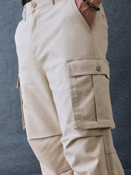 Men Relax Fit Beige Cotton Stretch Outdoor Cargo Pant