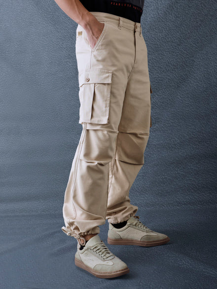 Men Relax Fit Beige Cotton Stretch Outdoor Cargo Pant