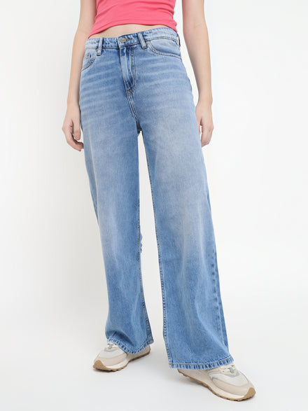 Women Wide Leg Cotton Stretch Heavy Washed High Waist Indigo Jeans