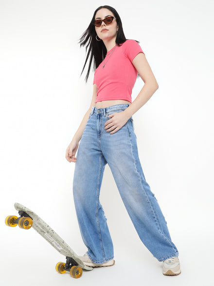 Women Wide Leg Cotton Stretch Heavy Washed High Waist Indigo Jeans