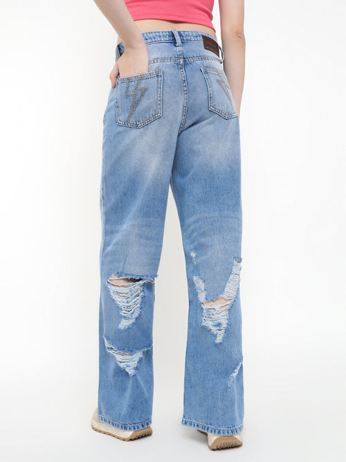 Women Wide Leg Cotton Stretch Heavy Washed High Waist Indigo Jeans