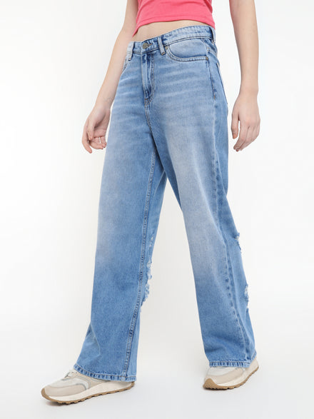 Women Wide Leg Cotton Stretch Heavy Washed High Waist Indigo Jeans
