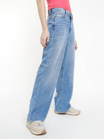 Women Wide Leg Cotton Stretch Heavy Washed High Waist Indigo Jeans