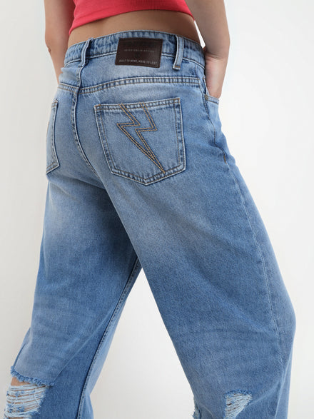 Women Wide Leg Cotton Stretch Heavy Washed High Waist Indigo Jeans