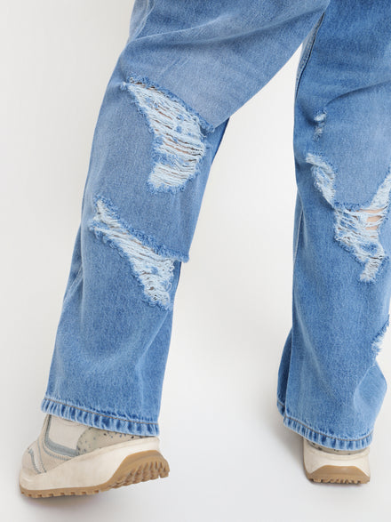 Women Wide Leg Cotton Stretch Heavy Washed High Waist Indigo Jeans