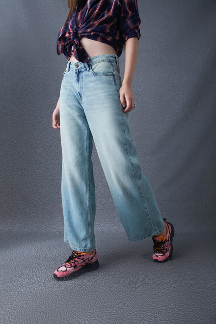 Women Wide Leg Cotton High Waist Indigo Jeans