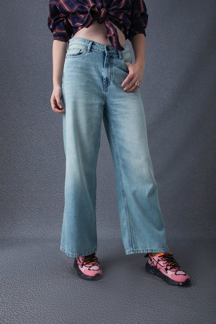 Women Wide Leg Cotton High Waist Indigo Jeans