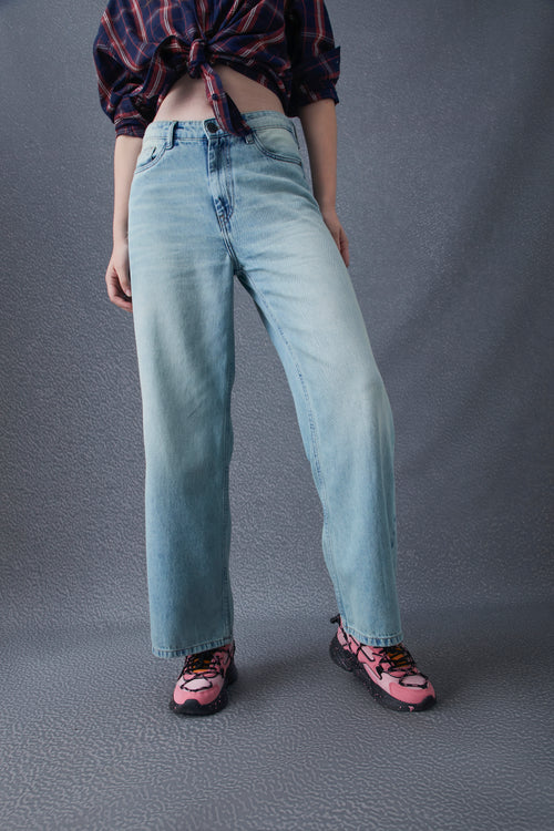 Women Wide Leg Cotton High Waist Indigo Jeans