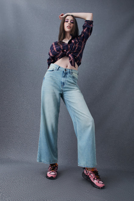 Women Wide Leg Cotton High Waist Indigo Jeans