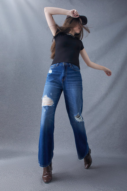 Women Wide Leg Destruction Washed High Waist Cotton Dark Indigo Jeans
