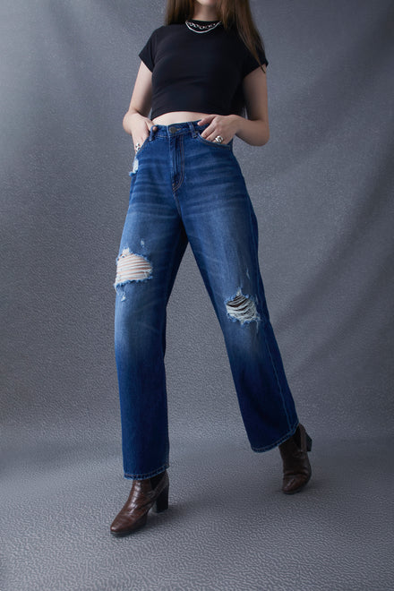 Women Wide Leg Destruction Washed High Waist Cotton Dark Indigo Jeans