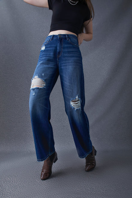 Women Wide Leg Destruction Washed High Waist Cotton Dark Indigo Jeans