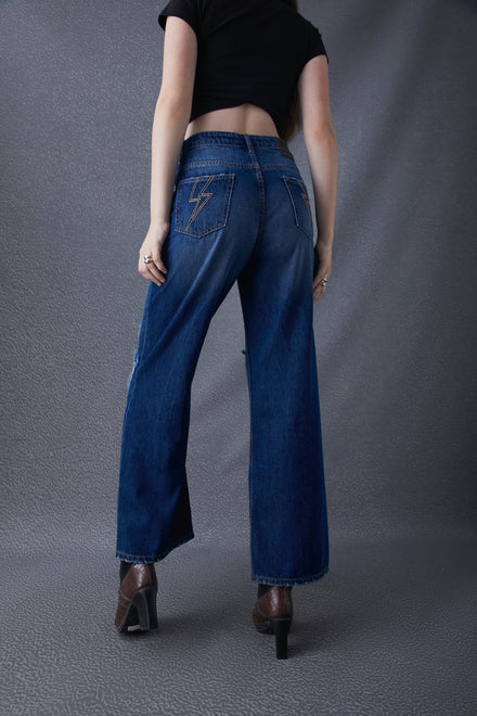 Women Wide Leg Destruction Washed High Waist Cotton Dark Indigo Jeans