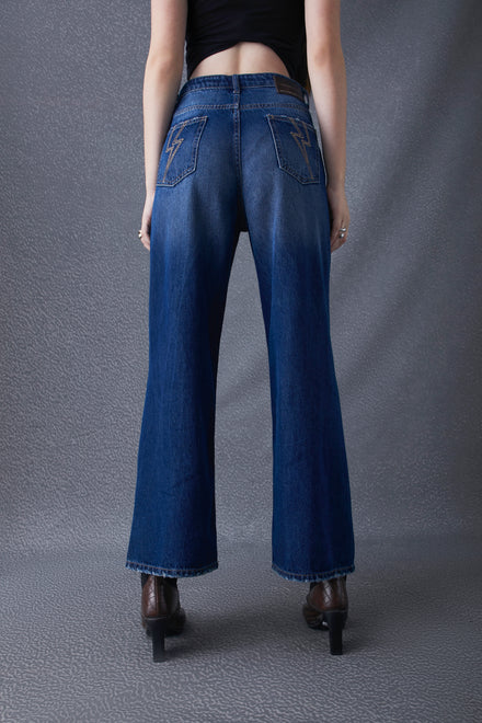 Women Wide Leg Destruction Washed High Waist Cotton Dark Indigo Jeans