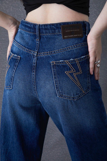 Women Wide Leg Destruction Washed High Waist Cotton Dark Indigo Jeans
