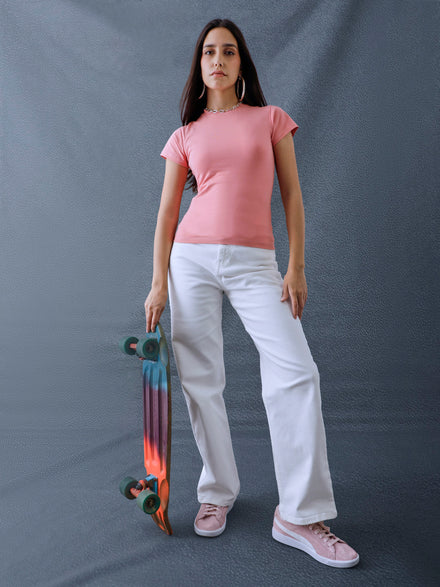 Women Premium Ultra High Waist Classic Straight Fit Cotton Stretch White Jeans