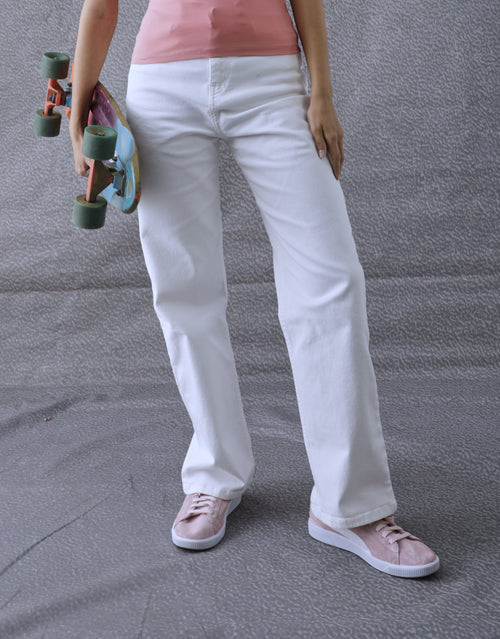 Women Premium Ultra High Waist Classic Straight Fit Cotton Stretch White Jeans